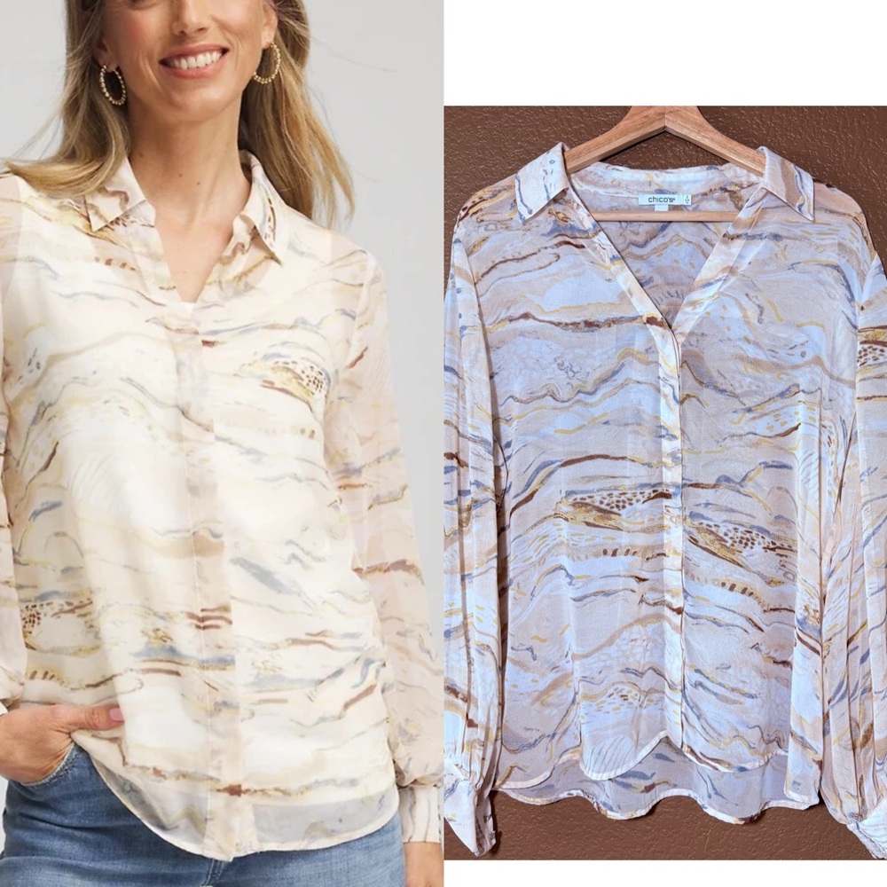 Chico's Beige and Tan Patterned Button-Down Shirt